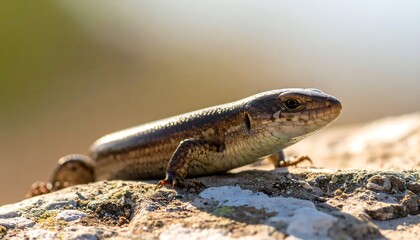 Fototapeta premium A close-up view of a reptile basking in sunlight. This creature features a long body and small limbs, resting atop a weathered stone
