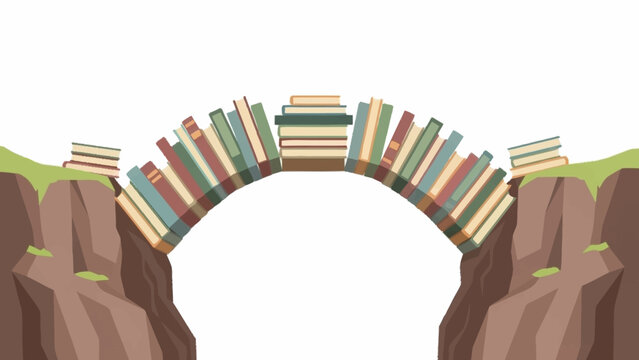 An arched bridge made of colorful stacked books spans a deep chasm between two grassy rocky cliffs.