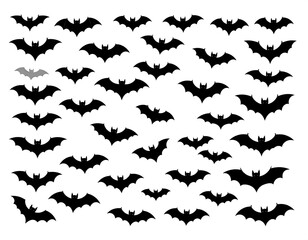 A collection of silhouetted bats, arranged in a randomized pattern, evoke the spooky feeling of Halloween