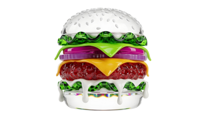 Clear Glass Burger Sculpture with Green Drip Glaze and Purple Onions on White Background