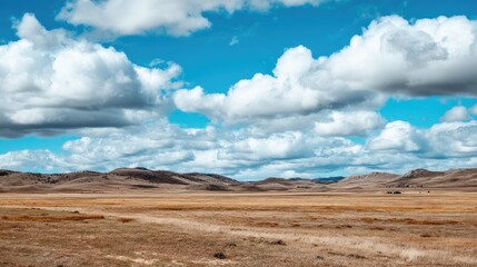 Naklejka premium Expansive Plains Under Bright Blue Sky with Fluffy White Clouds Offering Scenic Tranquility and Natural Beauty in a Remote Landscape