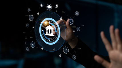 A global FinTech and digital banking network technology concept. A central financial system connected to the worldwide digital economy and services. Motif