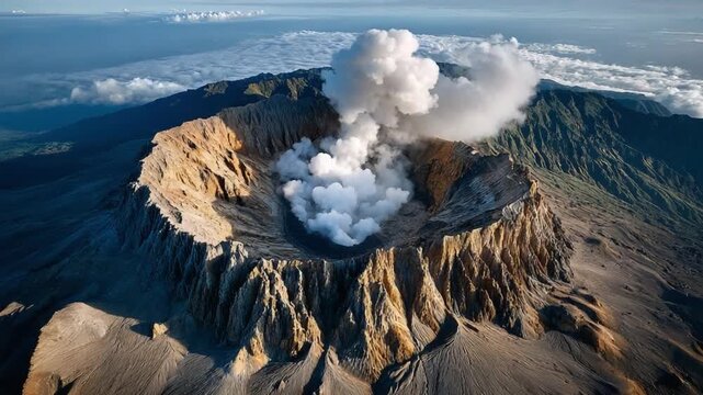 Volcanic Eruption's Beauty: A dramatic aerial view captures the raw power and beauty of a volcano as it spews a plume of smoke, a testament to nature's formidable energy.