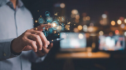 Person interacts with digital interface, touching virtual icons representing global connectivity, finance, and data analytics. background is blurred, suggesting modern office environment