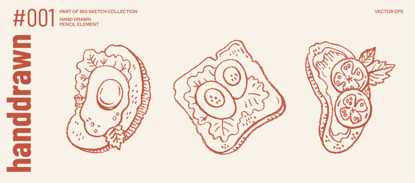 Sandwiches sketch icon. Breakfast and brunch bread and egg illustration. Vector sandwich. Doodle italian food. Toast, cheese, tomato, avocado set. Healthy breakfast, lunch, snack bg. Focaccia, panini
