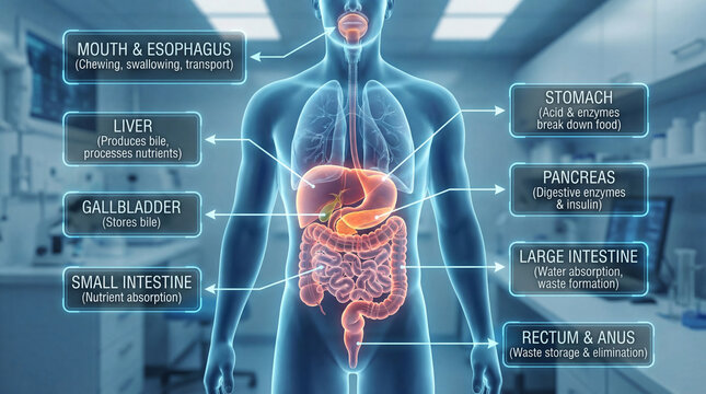 Image illustrates human digestive system highlighting key organs such as mouth esophagus stomach liver pancreas gallbladder small intestine large intestine rectum and anus with their functions