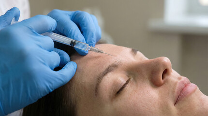 Fototapeta premium Person receives injection for cosmetic treatment in clinic during daylight hours while wearing gloves and focusing on procedure details