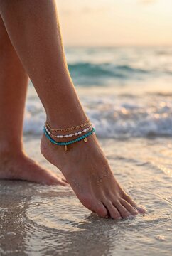 A person's legs and feet adorned with beautiful anklets, immersed in the soothing embrace of the ocean waves