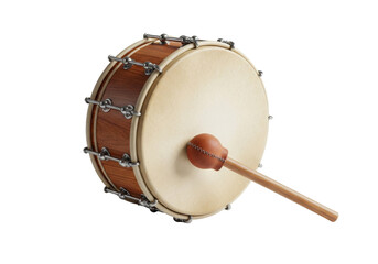 wooden bass drum with mallet on white background
