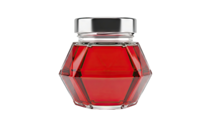 Red liquid in faceted glass bottle with silver cap
