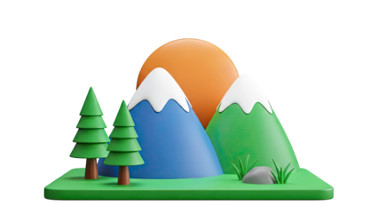 Stylized 3D Mountain Landscape with Sun and Trees