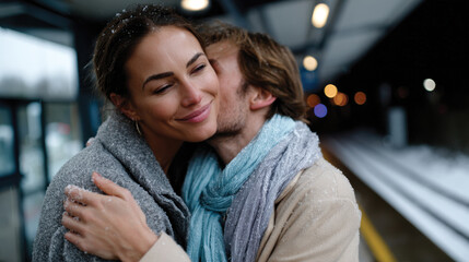 A couple shares a warm hug at a snowy train station, capturing a moment of love and togetherness amidst the cold environment and holiday atmosphere.
