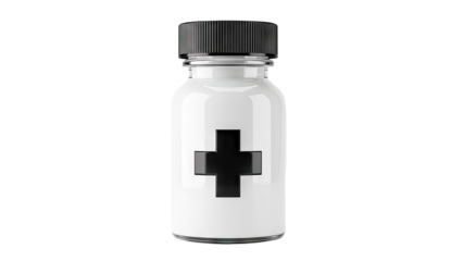 White medical bottle with black cross and cap