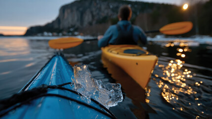 Two kayakers gracefully gliding through icy waters during dusk, framed by scenic cliffs and sparkling reflections of sunset light, capturing the essence of adventure and tranquility.