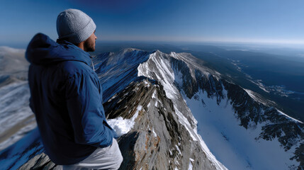 Fototapeta premium A determined man stands at the mountain peak, captivated by the breathtaking panoramic view, embodying the spirit of adventure and connection with nature and the world.