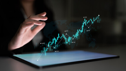 Stock market analysis with candlestick chart and price movement trend line, highlighting global financial trends, stock trading, and investment strategy insights Latch