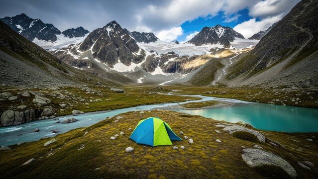 Serene mountain campground with tent by tranquil river and snow-capped peaks - Powered by Adobe