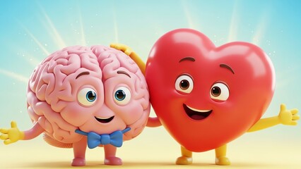 Happy Cartoon Brain and Heart Characters Embracing in Harmony, Mental and Physical Health Concept