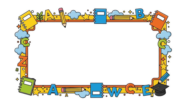 Colorful educational border frame with alphabet letters and school supplies on white background