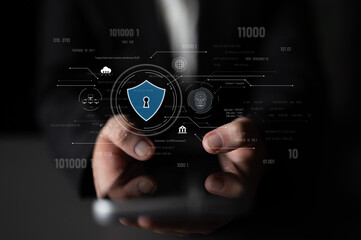 Cyber security interface with biometric and AI-powered protection system. Cyber security secures...