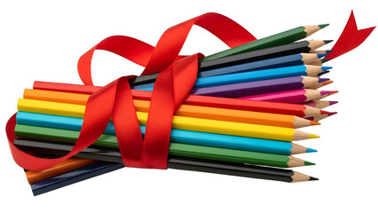 Bundle of Assorted Color Pencils Tied with Red Ribbon on White Background