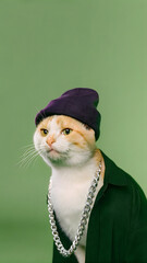 Stylized Orange Kitten with Tattoos, Purple Beanie, and Silver Chain in Spotlight Performance Setting