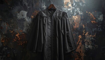 Obraz premium A dark, full-length robe hangs from a wooden hanger against a textured, abstract, grunge-style backdrop. The robe is smooth