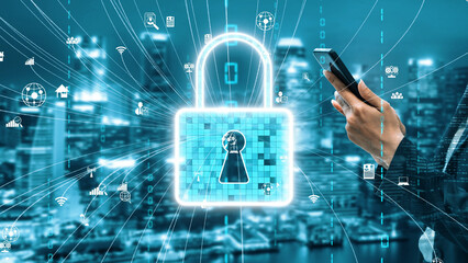 A striking visual of a digital lock symbolizing cyber security, with a hand holding a smartphone. The futuristic cityscape and technology icons enhance the theme of digital protection. Xenic
