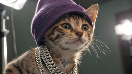 Stylized Orange Kitten with Tattoos, Purple Beanie, and Silver Chain in Spotlight Performance Setting