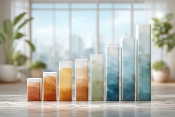 Particlefilled column chart on desk, Bright office background with financial data visuals, Visualization of sales increase using gradient bar chart in workspace setting