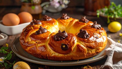 A golden, braided sweet bread is presented. It is ring-shaped, decorated with chocolate figurines. Nearby are eggs and spring blooms