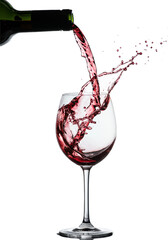 A high-end crystal Bordeaux wineglass receives deep ruby-red wine, creating a dynamic crown-like splash and aeration bubbles on a white studio background with dramatic backlighting, concept of luxury