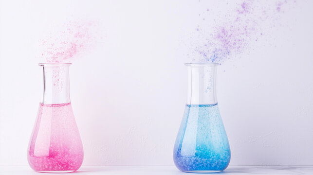 Colorful chemistry experiment with pink and blue beakers