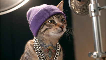 Stylized Orange Kitten with Tattoos, Purple Beanie, and Silver Chain in Spotlight Performance Setting