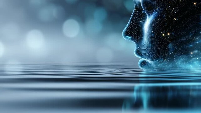 A digital face made of luminous dots appears above rippling water, symbolizing the fusion of AI and humanity. The abstract background enhances the futuristic and innovative atmosphere of the image