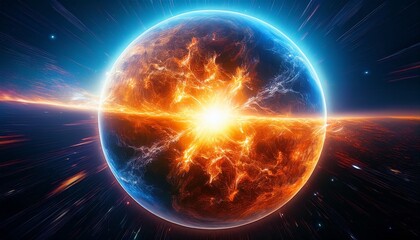 Obraz premium Vibrant Abstract Fantasy Sun Sphere Explosion Cosmic Plasma Energy Sphere Electric Explosion And Vibrant Energy Fantasy Atmosphere Digital Art Cosmic Phenomenon Sci Illustration Surreal
