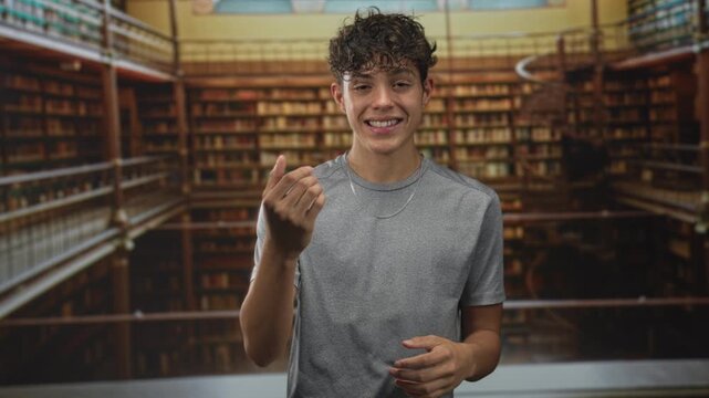 Teenage man points finger to camera while smiling amid tall bookshelves in a library building; confidence youth.