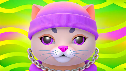 Stylized Orange Kitten with Tattoos, Purple Beanie, and Silver Chain in Spotlight Performance Setting