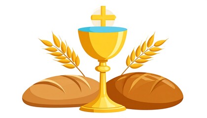 A golden chalice, host, bread, and wheat compose a religious symbol, centered against a white backdrop