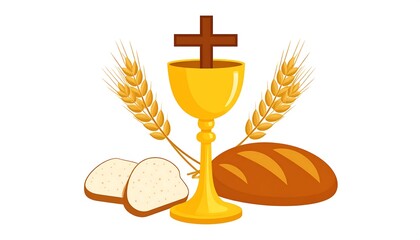 A golden chalice with a cross, flanked by wheat, bread slices, and a loaf. A simple, religious symbol