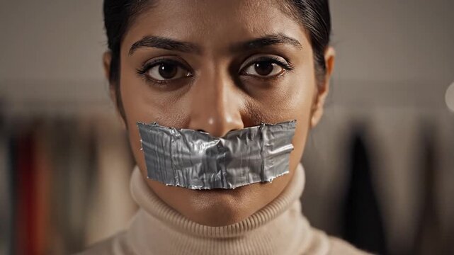 Silence and Censorship Woman with Tape Over Mouth