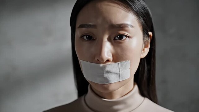 Woman Mouth Taped Shut Concept of Silence Restriction and Abuse