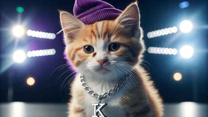 Stylized Orange Kitten with Tattoos, Purple Beanie, and Silver Chain in Spotlight Performance Setting