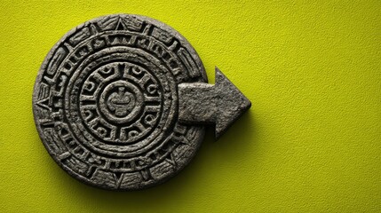 Fototapeta premium A circular stone with ancient carvings points forward, symbolizing a journey from the past towards new ideas and growth opportunities.