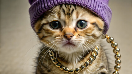 Stylized Orange Kitten with Tattoos, Purple Beanie, and Silver Chain in Spotlight Performance Setting