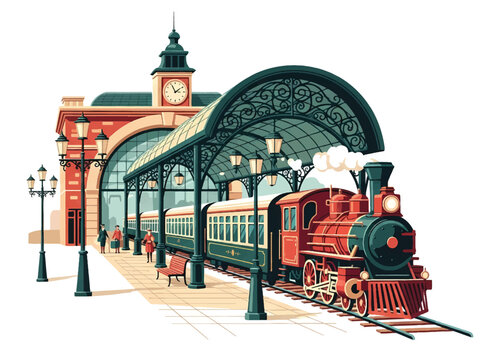 Vintage Train Arriving at Station Platform with Clock Tower in Background