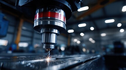 CNC milling machine with drilling head operating on metal workpiece in factory setting, highlighting precision engineering and industrial efficiency.