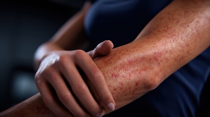 Close-up of a female arm with dermatitis showing red, itchy patches, highlighting skin irritation for medical and skincare awareness.