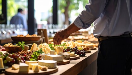 Man in Blue Striped Shirt Selects Artisan Cheese From Buffet Table With Grapes Nuts And Crackers At Outdoor Gathering With Soft Natural Light