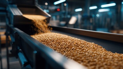 Conveyor belt with grains under AI camera in an industrial setting, highlighting automated food quality control.